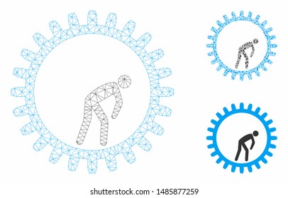 Mesh rat race gear model with triangle mosaic icon. Wire frame triangular mesh of rat race gear. Vector collage of triangle parts in variable sizes, and color shades. Abstract flat mesh rat race gear,