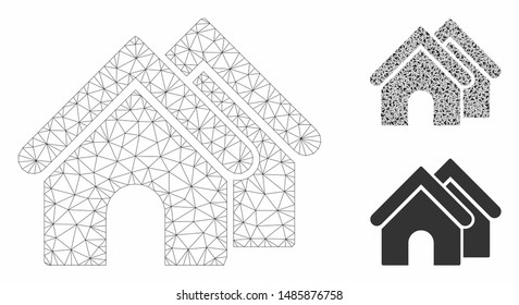 Mesh real estate model with triangle mosaic icon. Wire carcass triangular mesh of real estate. Vector mosaic of triangle parts in various sizes, and color shades. Abstract 2d mesh real estate,