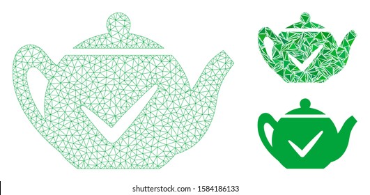 Mesh real teapot model with triangle mosaic icon. Wire carcass polygonal mesh of real teapot. Vector mosaic of triangle elements in various sizes, and color shades. Abstract flat mesh real teapot,