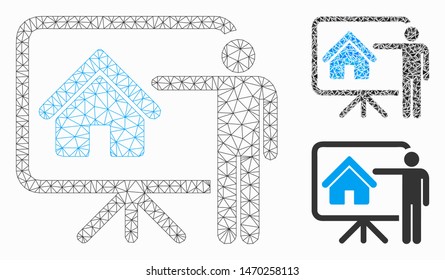 Mesh realtor presentation board model with triangle mosaic icon. Wire carcass triangular mesh of realtor presentation board. Vector composition of triangle parts in different sizes, and color tinges.