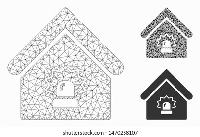 Mesh realty alarm model with triangle mosaic icon. Wire carcass polygonal mesh of realty alarm. Vector composition of triangle elements in various sizes, and color tints.