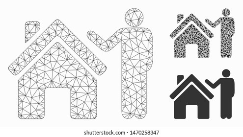 Mesh realty buyer model with triangle mosaic icon. Wire frame polygonal mesh of realty buyer. Vector composition of triangle parts in various sizes, and color hues. Abstract 2d mesh realty buyer,