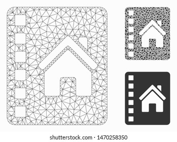 Mesh realty catalog model with triangle mosaic icon. Wire carcass triangular mesh of realty catalog. Vector mosaic of triangle elements in various sizes, and color tones.