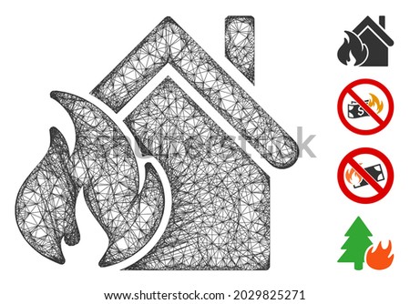 Mesh realty fire disaster web icon vector illustration. Carcass model is based on realty fire disaster flat icon. Network forms abstract realty fire disaster flat model.