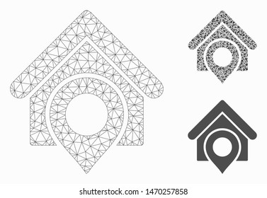 Mesh realty location model with triangle mosaic icon. Wire carcass triangular mesh of realty location. Vector mosaic of triangle parts in various sizes, and color tints.