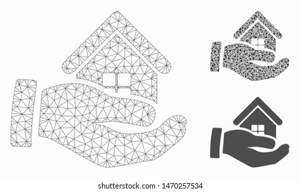 Mesh realty offer hand model with triangle mosaic icon. Wire carcass polygonal mesh of realty offer hand. Vector mosaic of triangle parts in different sizes, and color tones.