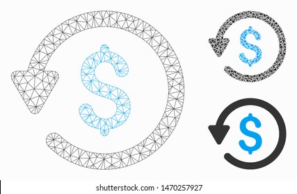 Mesh rebate model with triangle mosaic icon. Wire frame triangular mesh of rebate. Vector mosaic of triangle parts in variable sizes, and color shades. Abstract flat mesh rebate,