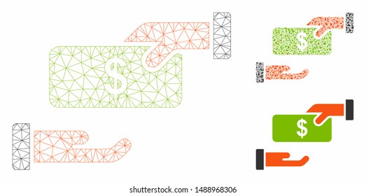 Mesh rebate model with triangle mosaic icon. Wire frame polygonal mesh of rebate. Vector mosaic of triangle elements in variable sizes, and color tints. Abstract flat mesh rebate,