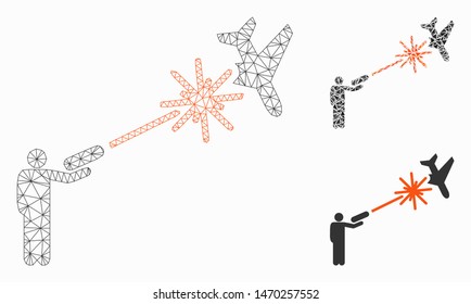 Mesh rebel strikes airplane model with triangle mosaic icon. Wire frame triangular mesh of rebel strikes airplane. Vector mosaic of triangle elements in variable sizes, and color tints.