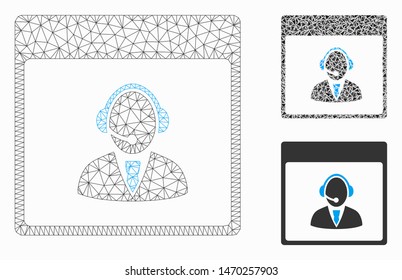 Mesh reception operator calendar page model with triangle mosaic icon. Wire frame polygonal mesh of reception operator calendar page. Vector mosaic of triangles in various sizes, and color tones.