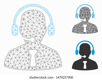 Mesh reception operator model with triangle mosaic icon. Wire carcass triangular mesh of reception operator. Vector composition of triangle elements in variable sizes, and color tinges.