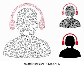 Mesh receptionist model with triangle mosaic icon. Wire carcass triangular mesh of receptionist. Vector mosaic of triangles in various sizes, and color tones. Abstract 2d mesh receptionist,