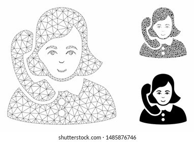 Mesh receptionist model with triangle mosaic icon. Wire carcass triangular mesh of receptionist. Vector mosaic of triangle parts in various sizes, and color tinges. Abstract 2d mesh receptionist,