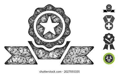 Mesh recommendation badge web icon vector illustration. Carcass model is based on recommendation badge flat icon. Network forms abstract recommendation badge flat model.