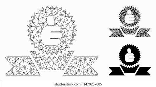 Mesh recommended label model with triangle mosaic icon. Wire carcass polygonal mesh of recommended label. Vector composition of triangle parts in variable sizes, and color shades.