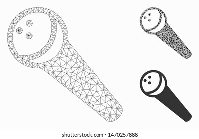 Mesh recording microphone model with triangle mosaic icon. Wire carcass polygonal network of recording microphone. Vector mosaic of triangle elements in different sizes, and color tones.