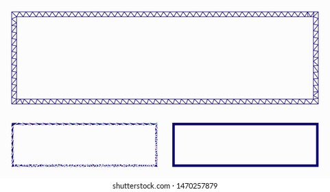 Mesh rectangle frame model with triangle mosaic icon. Wire frame polygonal mesh of rectangle frame. Vector mosaic of triangle parts in different sizes, and color shades.