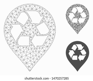 Mesh recycle map marker model with triangle mosaic icon. Wire carcass polygonal mesh of recycle map marker. Vector composition of triangle parts in variable sizes, and color tones.