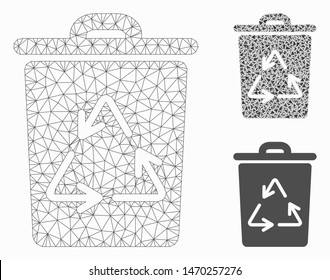 Mesh recycling bin model with triangle mosaic icon. Wire carcass polygonal mesh of recycling bin. Vector mosaic of triangle parts in various sizes, and color shades. Abstract 2d mesh recycling bin,