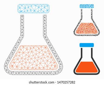 Mesh red liquid flask model with triangle mosaic icon. Wire carcass polygonal mesh of red liquid flask. Vector mosaic of triangle elements in different sizes, and color tones.