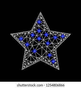 Mesh red star icon and blue diamonds. White red star model on a black background. Abstract polygonal mesh structure.