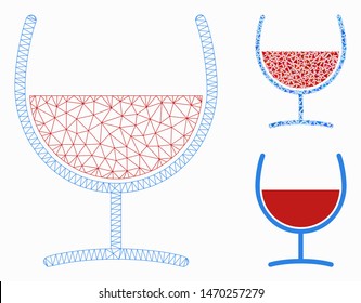 Mesh red wine glass model with triangle mosaic icon. Wire carcass triangular mesh of red wine glass. Vector composition of triangle parts in various sizes, and color tones.