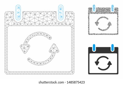 Mesh refresh calendar day model with triangle mosaic icon. Wire frame triangular mesh of refresh calendar day. Vector mosaic of triangles in various sizes, and color tones.
