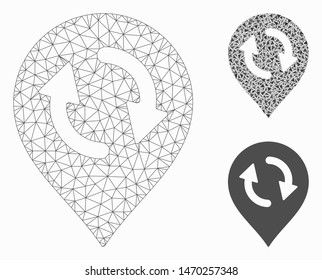 Mesh refresh map marker model with triangle mosaic icon. Wire frame triangular mesh of refresh map marker. Vector mosaic of triangles in variable sizes, and color tints.