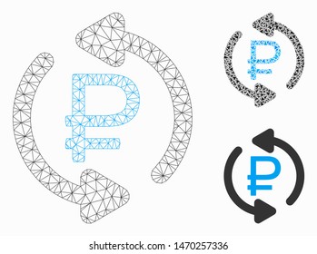 Mesh refresh rouble balance model with triangle mosaic icon. Wire carcass triangular mesh of refresh rouble balance. Vector mosaic of triangle elements in different sizes, and color shades.