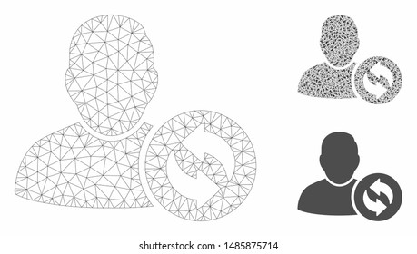 Mesh refresh user model with triangle mosaic icon. Wire carcass polygonal mesh of refresh user. Vector composition of triangle parts in variable sizes, and color shades.