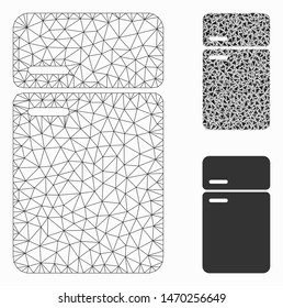 Mesh refrigerator model with triangle mosaic icon. Wire carcass polygonal mesh of refrigerator. Vector collage of triangle elements in different sizes, and color hues. Abstract flat mesh refrigerator,