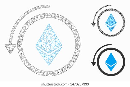 Mesh refund Ethereum crystall model with triangle mosaic icon. Wire carcass polygonal mesh of refund Ethereum crystall. Vector composition of triangle elements in different sizes, and color tints.