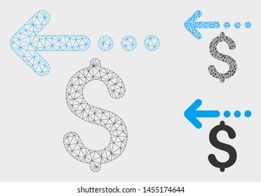 Mesh refund model with triangle mosaic icon. Wire carcass triangular mesh of refund. Vector mosaic of triangle parts in variable sizes, and color tinges. Abstract flat mesh refund,