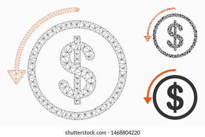 Mesh refund model with triangle mosaic icon. Wire frame polygonal mesh of refund. Vector collage of triangle elements in variable sizes, and color tinges. Abstract flat mesh refund,