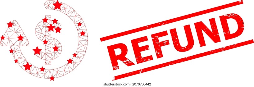 Mesh refund polygonal icon vector illustration, and red REFUND textured stamp seal. Abstraction is created from refund flat icon, with stars and polygonal mesh.