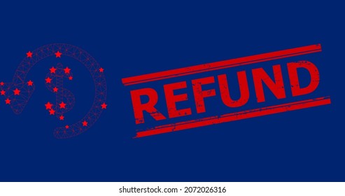 Polygonale Mesh-Rückerstattung Vektorgrafik und roter REFUND-Rohkautschuk-Druck. Das Carcass-Modell wird aus dem flachen Rückerstattungssymbol mit Sternen und Dreiecksgitter erstellt.