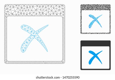 Mesh reject calendar page model with triangle mosaic icon. Wire carcass polygonal mesh of reject calendar page. Vector mosaic of triangles in different sizes, and color shades.
