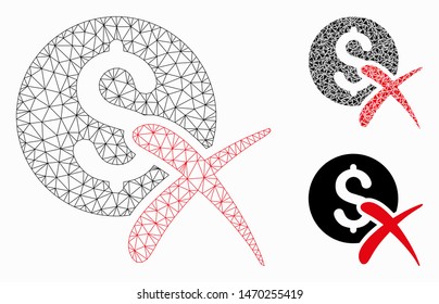 Mesh reject payment model with triangle mosaic icon. Wire carcass triangular mesh of reject payment. Vector collage of triangle parts in variable sizes, and color hues.