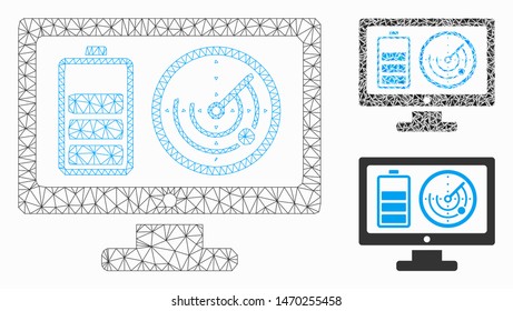 Mesh remote battery monitoring model with triangle mosaic icon. Wire frame polygonal network of remote battery monitoring. Vector mosaic of triangle parts in variable sizes, and color tones.