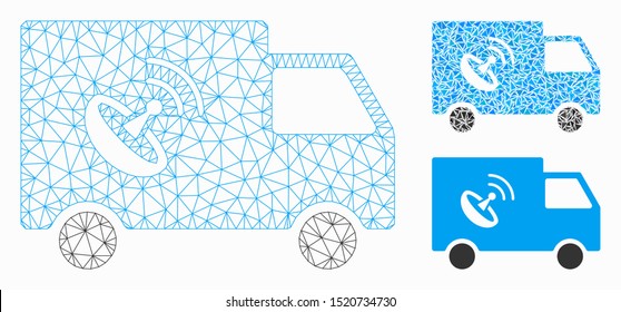 Mesh remote control van model with triangle mosaic icon. Wire frame polygonal mesh of remote control van. Vector mosaic of triangle elements in various sizes, and color hues.