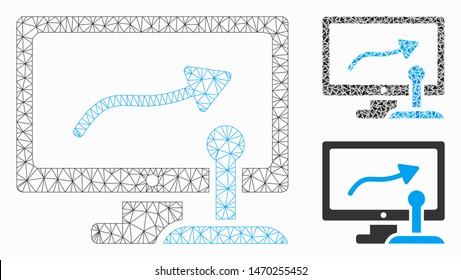 Mesh remote monitoring model with triangle mosaic icon. Wire carcass polygonal network of remote monitoring. Vector mosaic of triangle elements in variable sizes, and color tints.