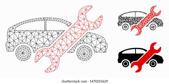 Mesh repair car model with triangle mosaic icon. Wire carcass polygonal mesh of repair car. Vector mosaic of triangle elements in variable sizes, and color hues. Abstract 2d mesh repair car,