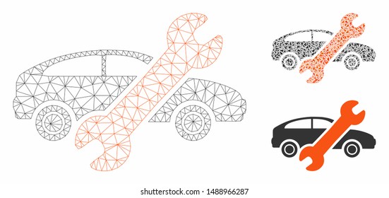 Mesh repair car model with triangle mosaic icon. Wire frame triangular mesh of repair car. Vector mosaic of triangle elements in different sizes, and color shades. Abstract 2d mesh repair car,