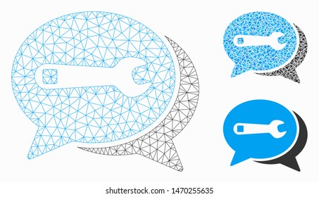 Mesh repair chat model with triangle mosaic icon. Wire carcass triangular mesh of repair chat. Vector collage of triangle elements in various sizes, and color shades. Abstract 2d mesh repair chat,