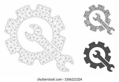 Mesh repair model with triangle mosaic icon. Wire carcass triangular mesh of repair. Vector mosaic of triangle elements in different sizes, and color tones. Abstract 2d mesh repair,