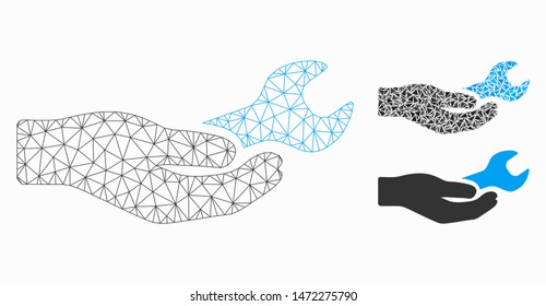 Mesh repair service model with triangle mosaic icon. Wire carcass triangular mesh of repair service. Vector composition of triangle elements in variable sizes, and color shades.