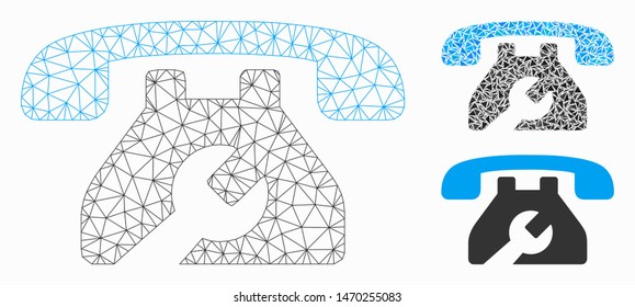 Mesh repair service phone model with triangle mosaic icon. Wire carcass polygonal network of repair service phone. Vector mosaic of triangle elements in different sizes, and color tinges.