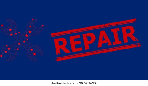 Mesh repair spanners polygonal 2d vector illustration, and red REPAIR rubber stamp print. Model is based on repair spanners flat icon, with stars and polygonal mesh.