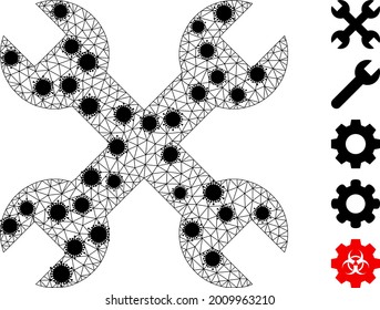 Mesh repair spanners polygonal icon vector illustration, with black infection items. Carcass model is created from repair spanners flat icon, with virus items and triangle mesh.