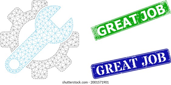 Mesh repair tools image, and Great Job blue and green rectangle unclean stamp seals. Polygonal wireframe image based on repair tools pictogram. Stamp seals have Great Job title inside rectangle frame.